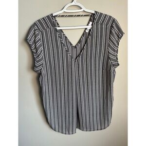 DR2 Geometric Striped V-Neck Cap Sleeve Blouse Large Black White Boho Career